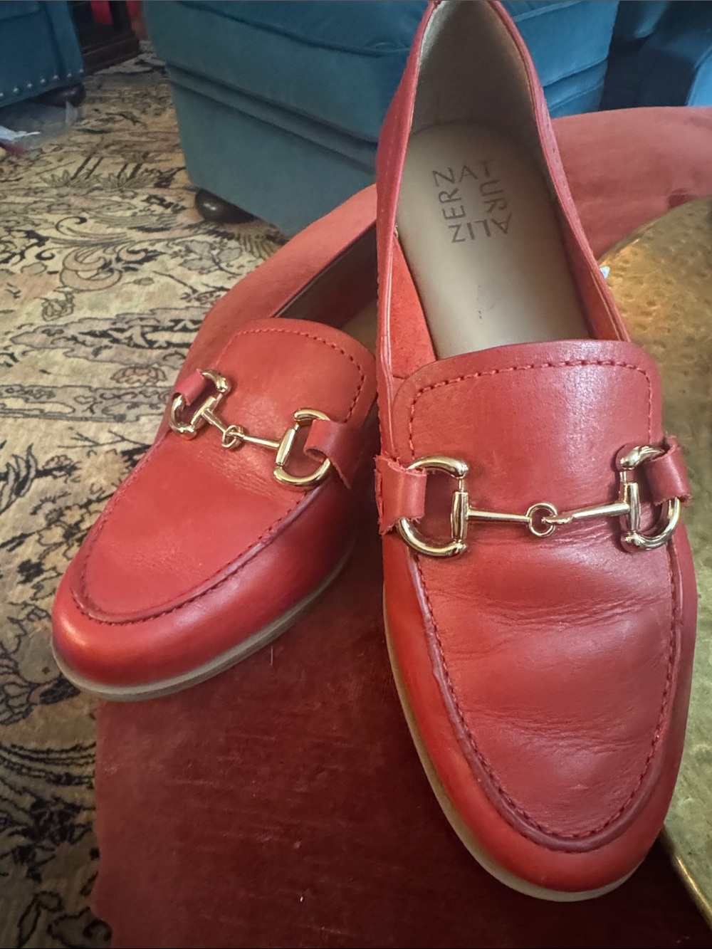 Naturalizer Red Leather Loafers with Gold Horsebit